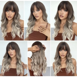  Long Wave Synthetic Wigs with Bangs  Ash Brown Blonde Wigs for Women  Party Daily Heat Resistant Fib