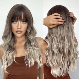  Long Wave Synthetic Wigs with Bangs  Ash Brown Blonde Wigs for Women  Party Daily Heat Resistant Fib